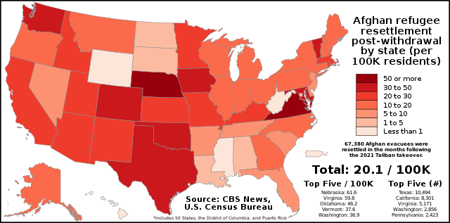 Afghan refugee resettlement post-withdrawal by state. Source: CBS News, US Census Bureau