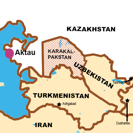 Map showing Aktau, Kazakstan and Karakalpakstan