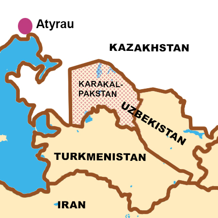 Map showing Atyrau Kazakhstan and Karakalpakstan