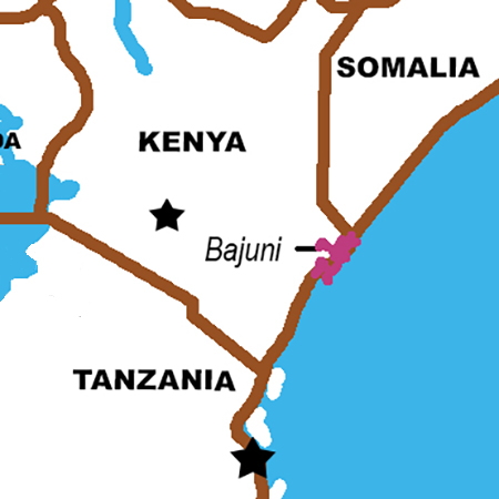 map showing location of Bajuni on coast of Kenya