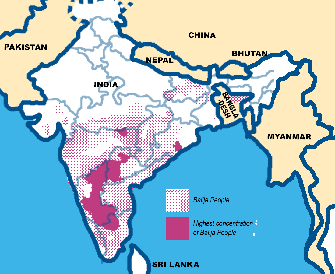 map showing concentration of Balija people in India