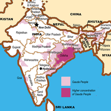 map showing concentration of Gauda in India