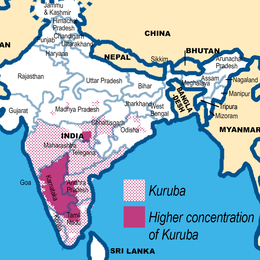 map showing concentration of Kuruba people in India