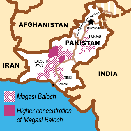 Map showing location of Magasi Baloch in Pakistan