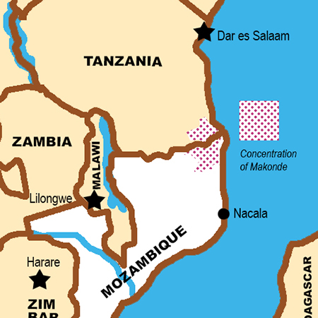 map showing location of Makonde people in Mozambique and Tanzania