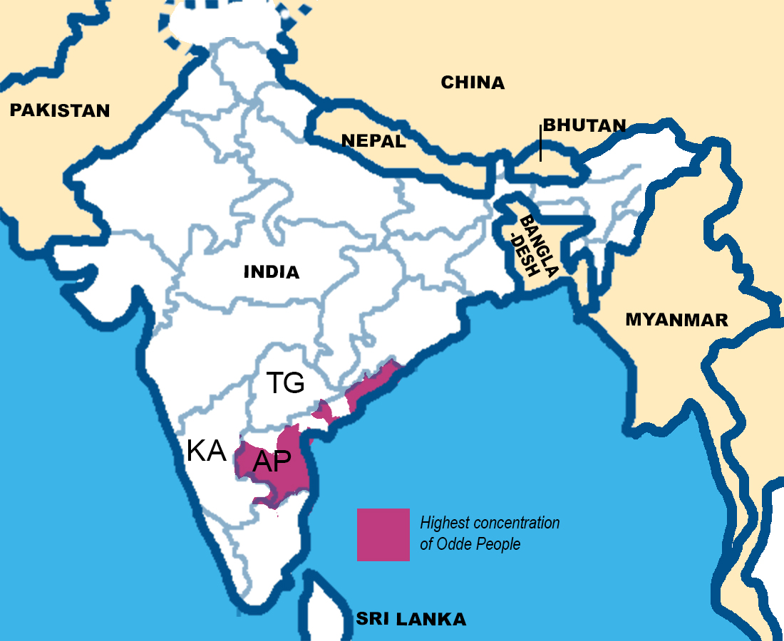 map showing concentration of Odde people in India