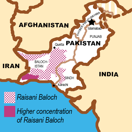 Map showing concentration of Raisani Baloch in Pakistan