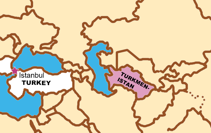 map showing location of Istanbul, Turkey and Turkmenistan