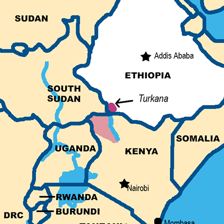 Map showing location of Turkana people in south Ethiopia along the border of South Sudan and northwest Kenya