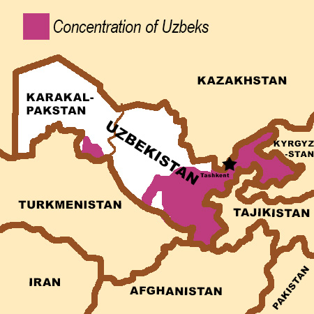 Map showing concentration of Uzbeks in Uzbekistan