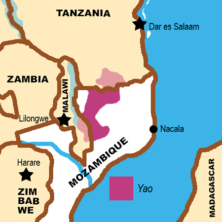 map showing location of the Yao in Mozambique, Malawi and Tanzania